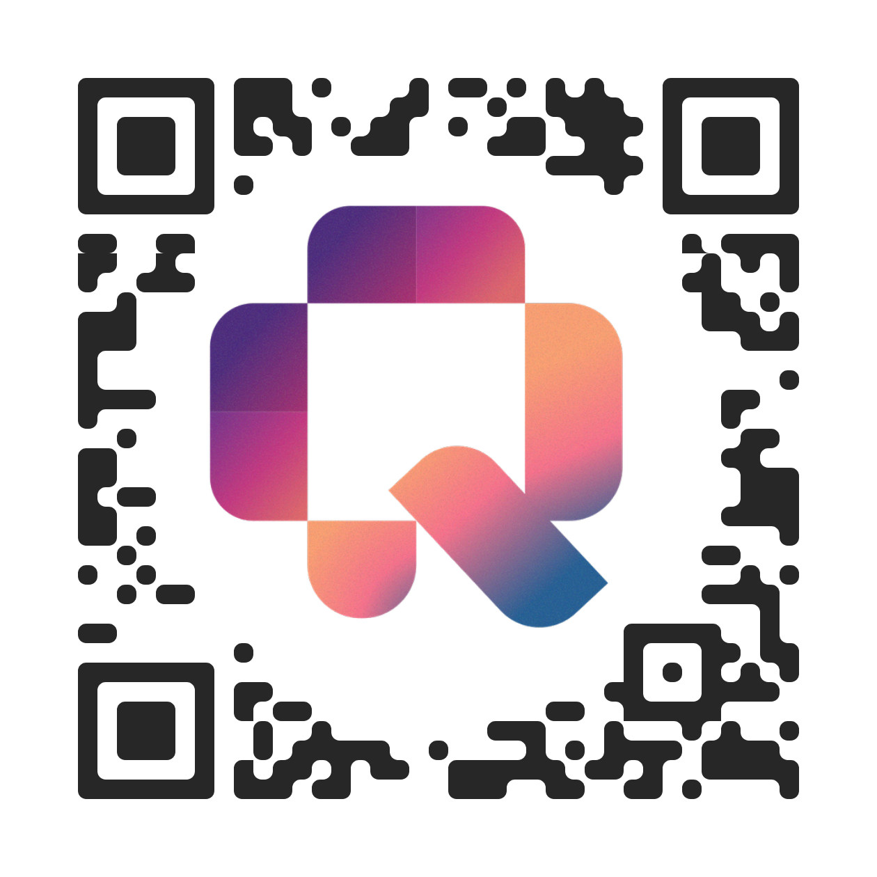Branded QR with Qurbo’s large gradient Q surrounded by dark modules and a clear outer border.