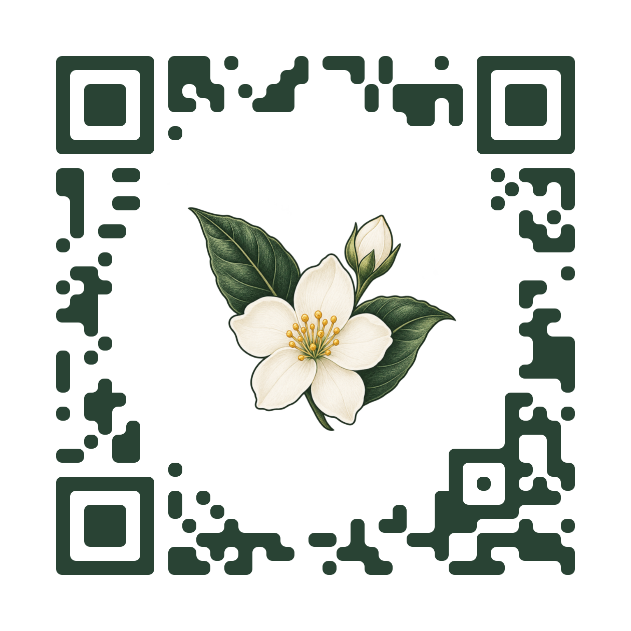 A jasmine blossom and tea leaves inside a forest-green QR with a clear border.